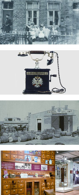 Von oben: "Sonntags vor dem Zollhaus"; Zeitgenössisches Telefon; Zollamt in Südwestafrika; Ausstellungsbereich "Deutsches Kaiserreich"