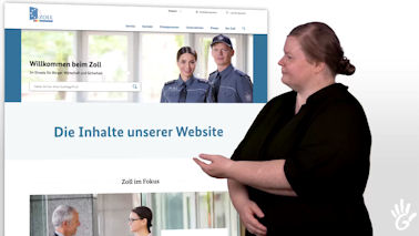 Gebärdendolmetscherin mit Webseite im Hintergrund