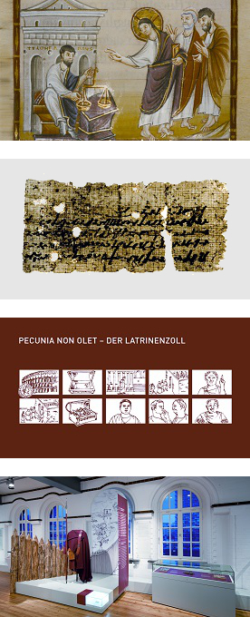 Von oben: Römische Münze, um 200 n. Chr.; Römische Torzollquittung; Berufung des Matthäus, um 980 n. Chr.; Kleidung eines Benefiziariers