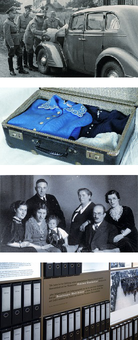 Von oben: Zollgrenzschutz; Geöffneter Koffer; Fotografie der Familie Baer; Ausstellungsbereich "Militarisierung des Zolls"