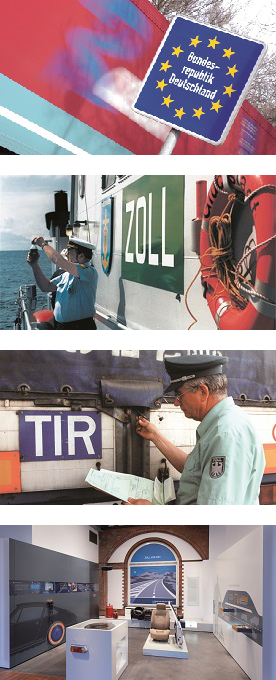 Von oben: EU-Binnengrenze; Zollschiff im Einsatz; Überprüfen einer Zollplombe; Ausstellungsbereich "Grenzenloser Einsatz"