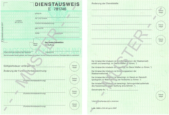 Vorderseite und Rückseite eines Dienstausweismusters Vorderseite und Rückseite eines Dienstausweismusters